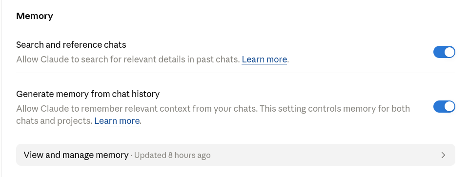 Claude.ai memory settings showing two toggles, Search and reference chats and Generate memory from chat history, both switched on