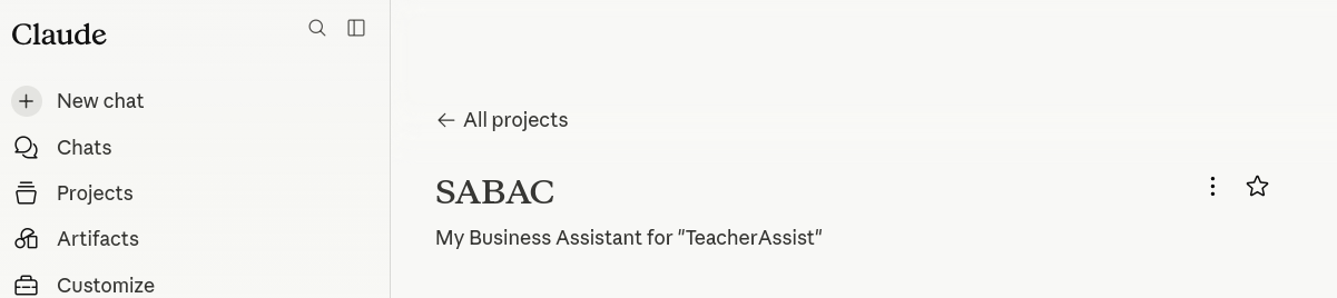 The SABAC project open, showing its title and description with the sidebar on the left and an 'All projects' link