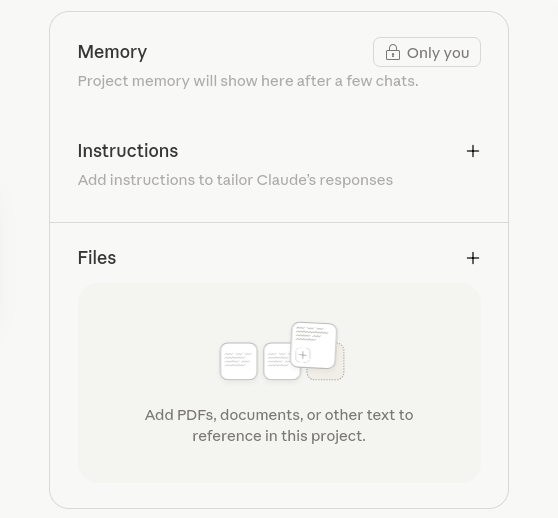 The SABAC project panel showing Memory, Instructions and Files sections, with an 'Only you' badge