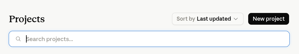 The Projects area header with a search box and a 'New project' button at the top right