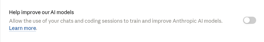The 'Help improve our AI models' setting with its toggle switched off